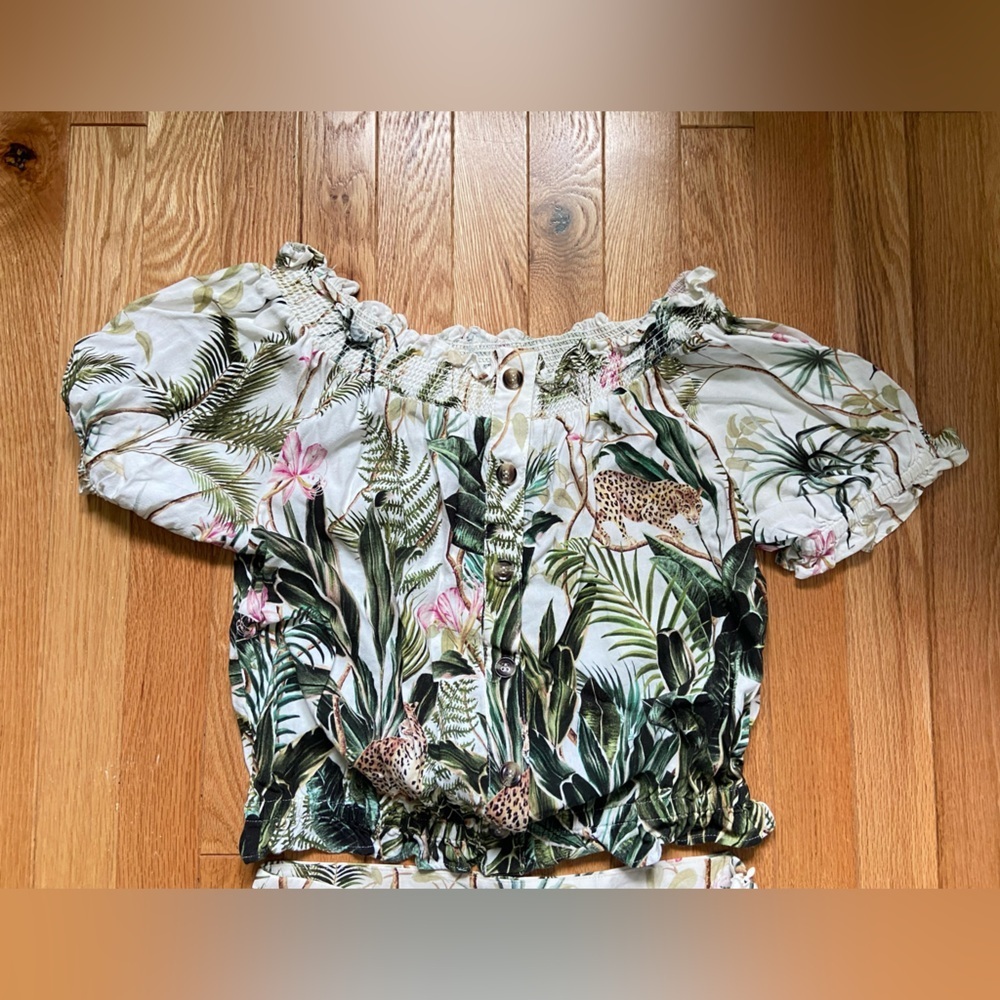 H&M Jaguar Palm Jungle print Blouse / Wide Leg Trouser Set Animal 4/6 Like New​​ - Picture 4 of 13